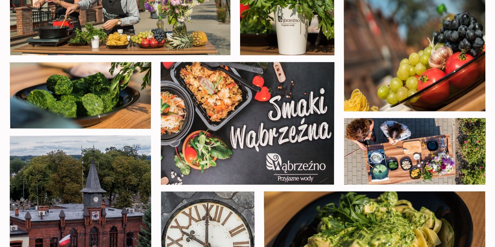 Smaki Wąbrzeźna – kolaż zdjęć z planu programu kręconego na ul. Wolności przy Ratuszu. Gościem programu była Marcela Dulka – gotowała makaron z sosem