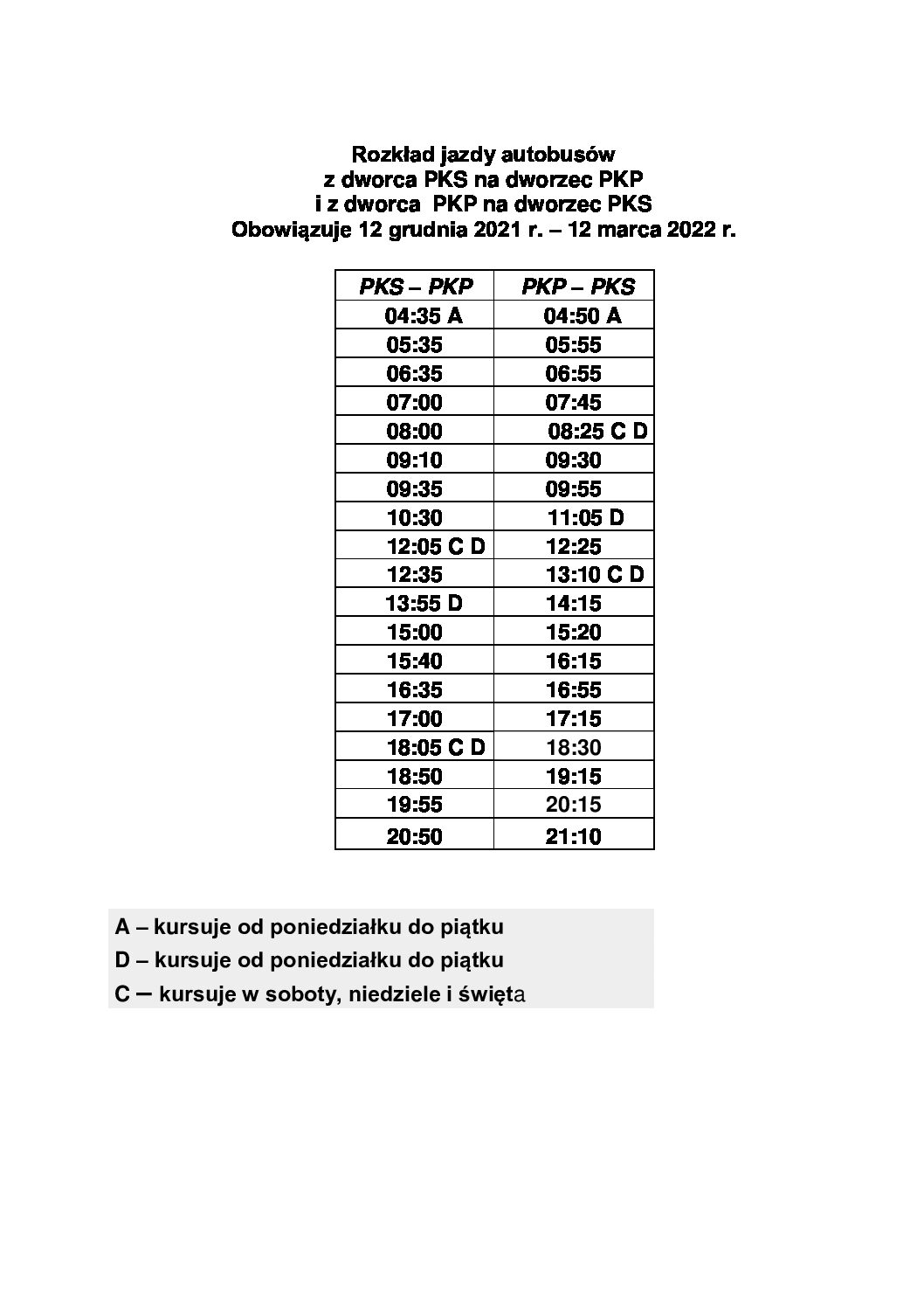 Rozkład Jazdy Autobusów PKP – PKS Od 12 Grudnia 2021 R. Do 12 Marca ...