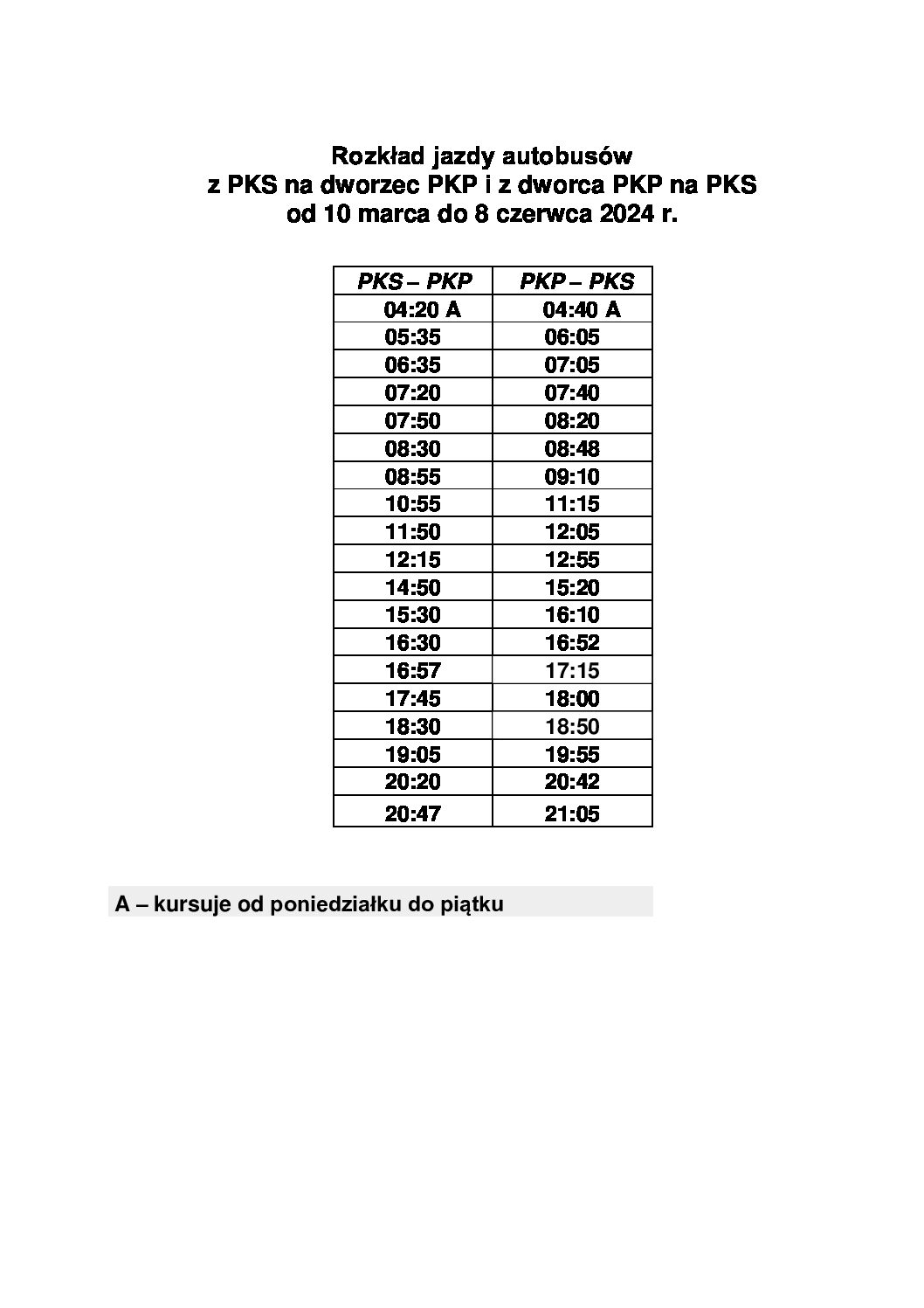 Rozkład Jazdy Autobusów PKP – PKP Oraz PKP – PKS Od 10 Marca Do 8 ...